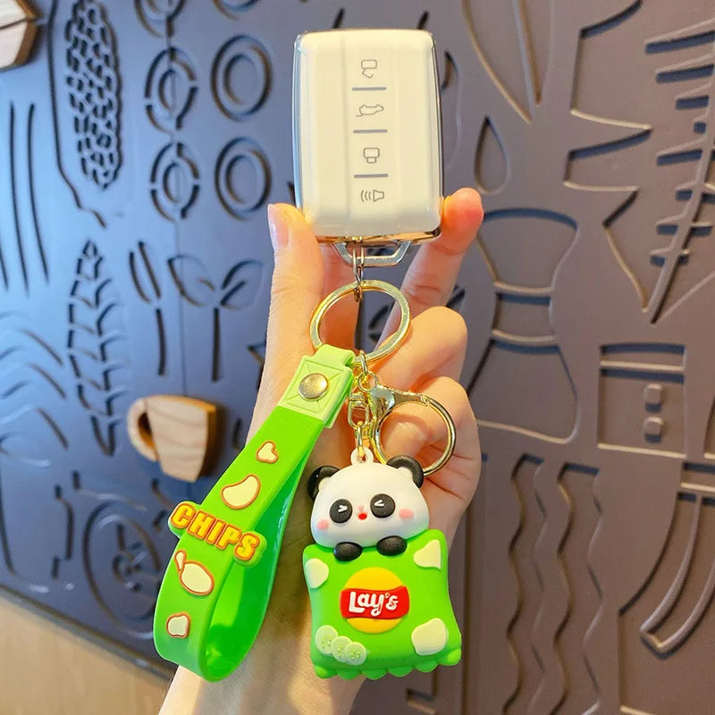Potato Chips Snack Keychains Alloy & PVC Anime Cartoon Panda & Pig Unique Lobster Clasp Keyring Ideal for Bag Decoration & Gifts