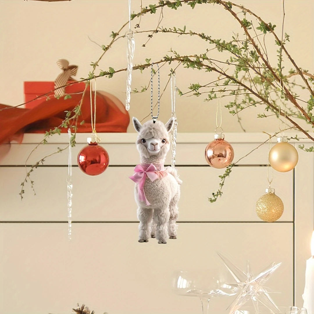 1 Cute Alpaca Acrylic Keychain 2D Graphic Design with Pink Bow Perfect for Car Rearview Mirror Home Decor PendantCarDecorations