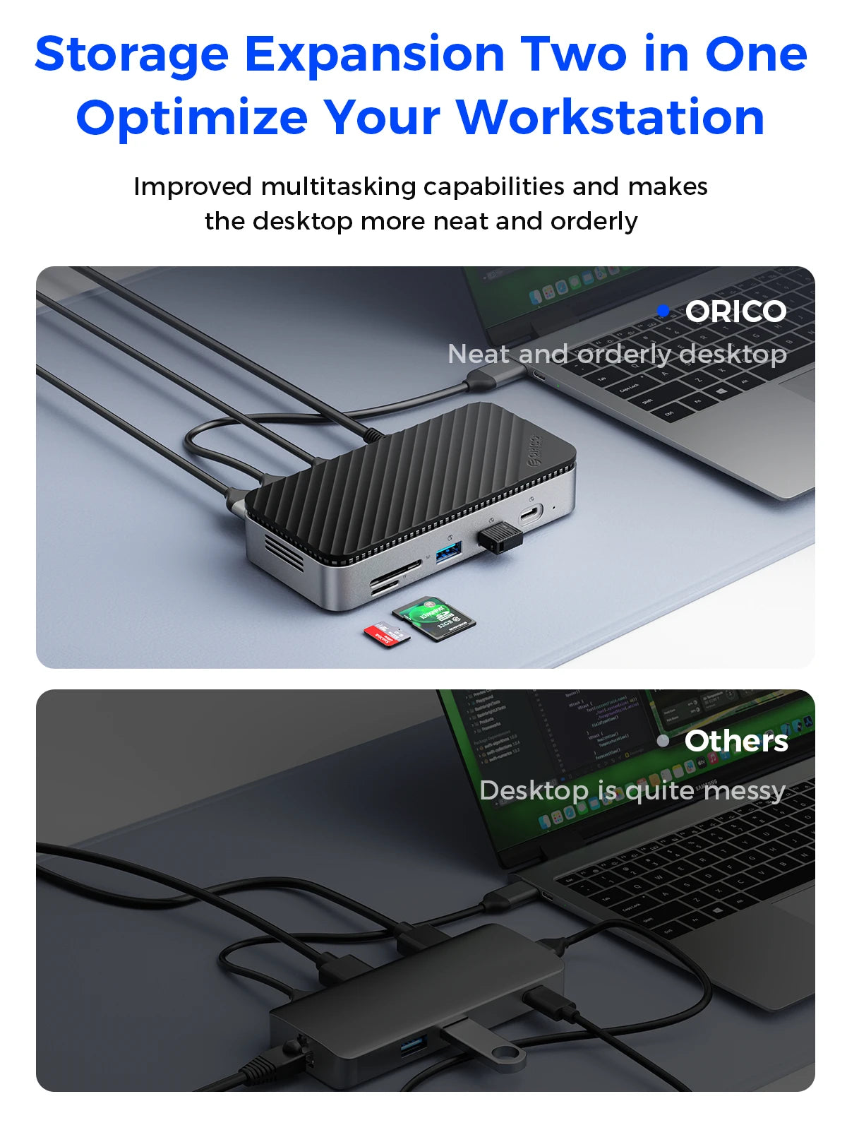 ORICO USB C Display Hub 10Gbps with Cooling Fan M.2 NVMe SATA SSD Enclosure HDMI RJ45 SD/TF Docking Station for Gamers