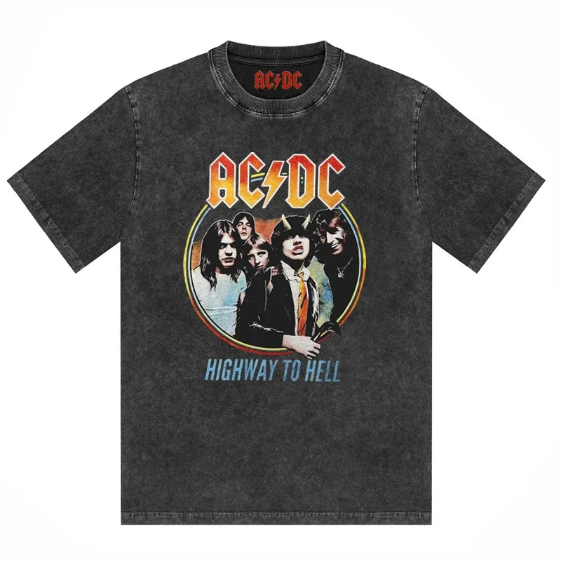 ACDC Band Printed T-Shirt Washed Retro Old Short Sleeve Trendy Couple Comfortable Loose Casual Fashion New Men'S Clothing