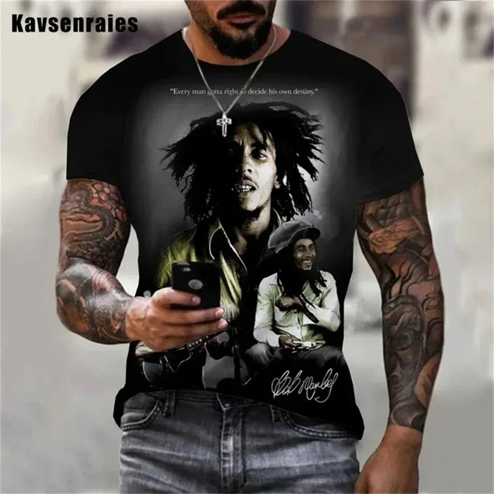 2025 Summer Men's T-shirts Rock Bob Marley 3d Print O-neck Short Sleeve Street Hip-hop Shirt Oversized Tops & Tees Men Clothing
