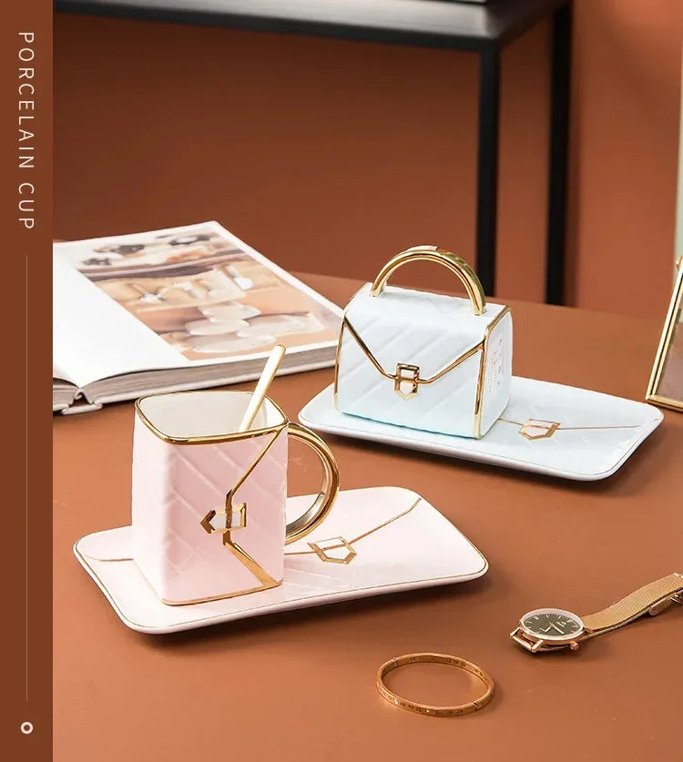 Handbag Shaped Mug Luruxy Coffee Cup Creative Tote Bag Shaped Cups Linner Saucer Set Dessert Afternoon Tea Mugs Drinkware Gifts