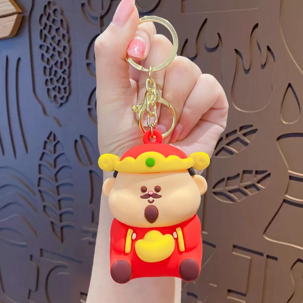Creative Pinched Toys God of Wealth Keychain Lucky Blessing New Year Key Ring Traditional PVC Cartoon Pendant Kids