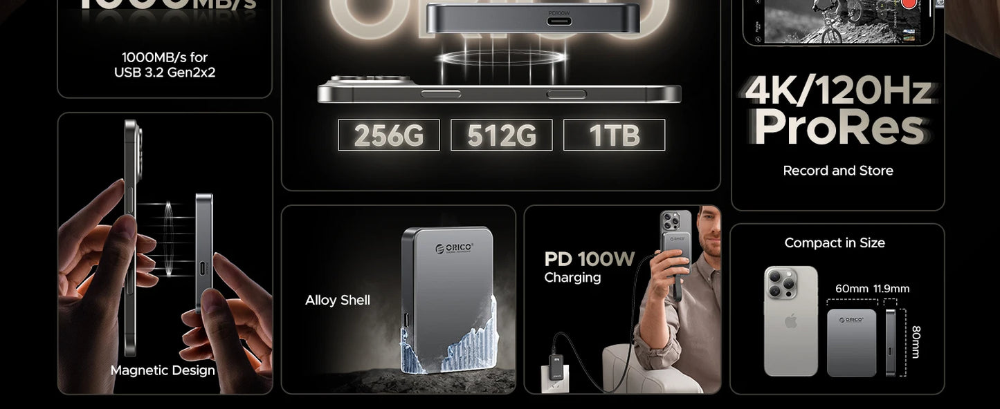 ORICO 1TB Magnetic SSD, PD100W Charging, 4K ProRes HDR, 1000MB/s USB 3.2, Portable External Drive for iPhone 16/15, Laptops