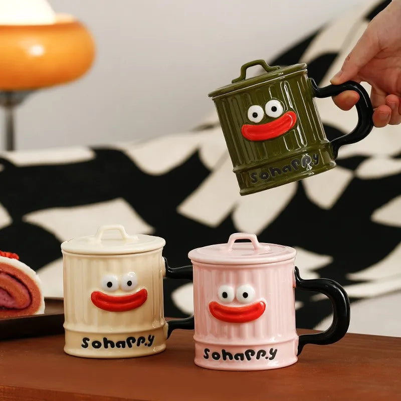 Creative Design, Cute, Funny, Ugly, Cute, Big Mouth Ceramic Mug with Lid, Home Office Drinking Cup, Milk Coffee Cup Ceramic Mug