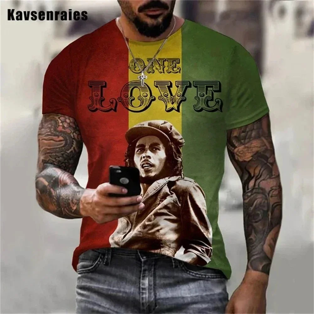 2025 Summer Men's T-shirts Rock Bob Marley 3d Print O-neck Short Sleeve Street Hip-hop Shirt Oversized Tops & Tees Men Clothing