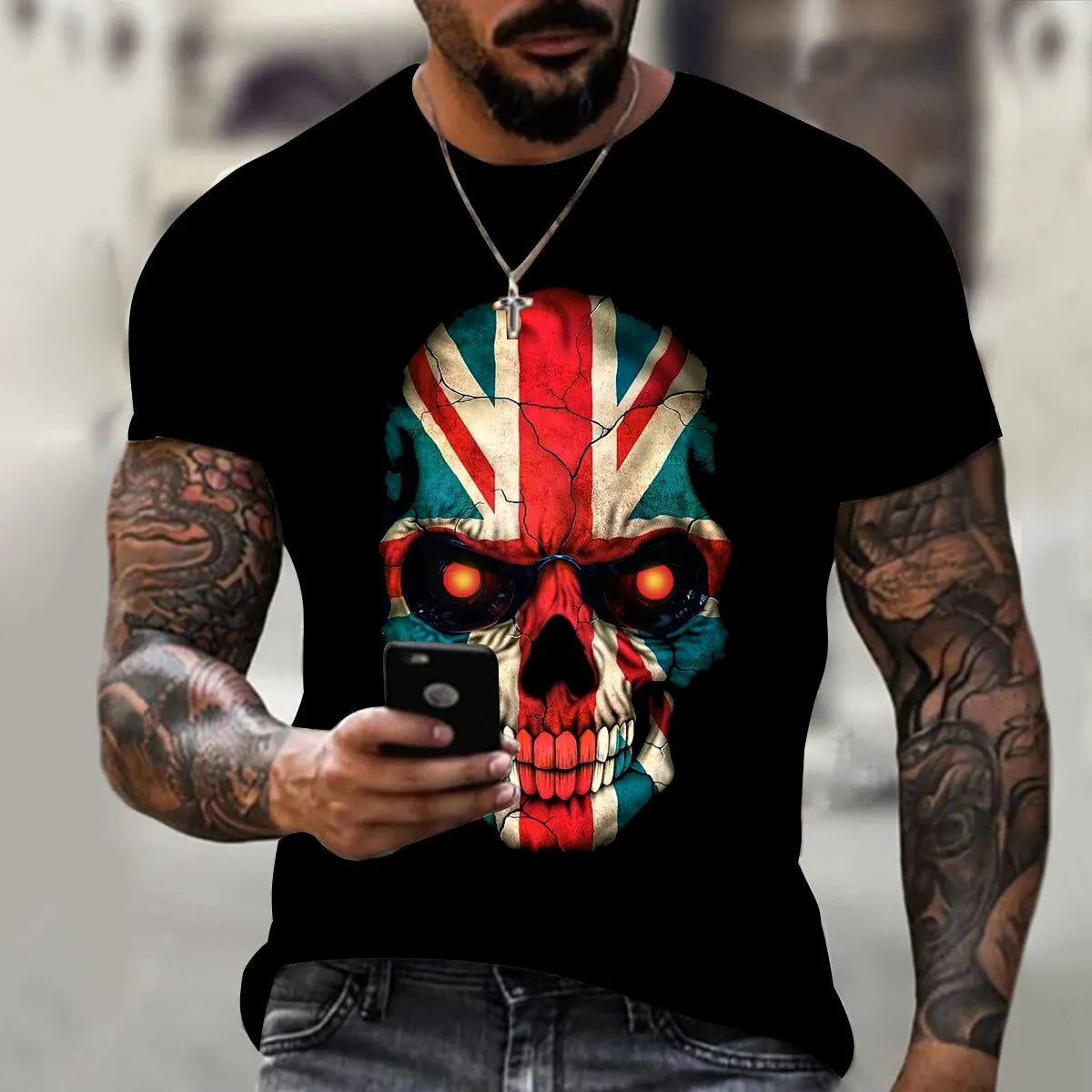 New Men's 3D Printed Short Sleeve T-Shirt with Skull Pattern Summer Vintage Men's Short Sleeve Street Casual Men's Top T-Shirt