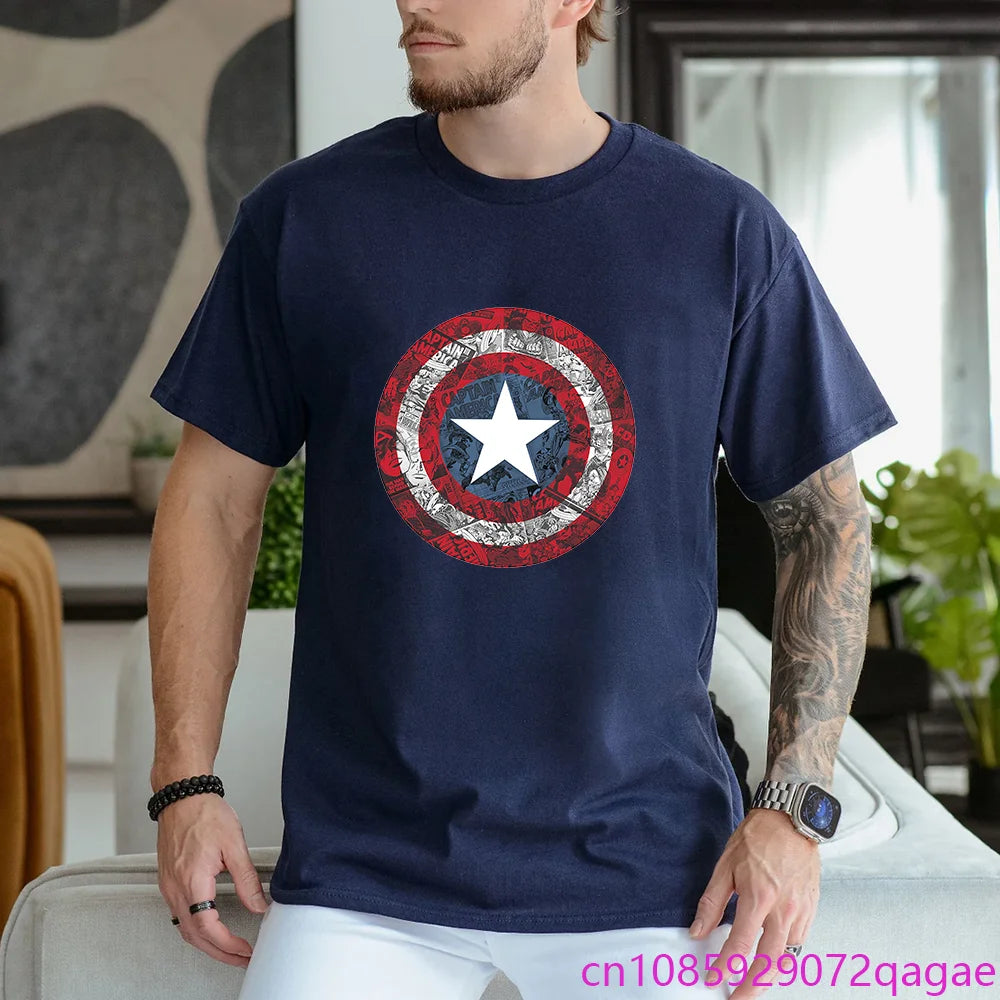 Mens New Marvel Captain America Avengers Shield Printed T-Shirt Outdoor Street Vintage Shield Y2K Shirt T-Shirt