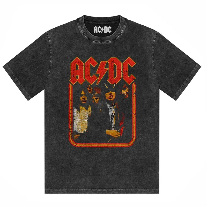 ACDC Band Printed T-Shirt Washed Retro Old Short Sleeve Trendy Couple Comfortable Loose Casual Fashion New Men'S Clothing