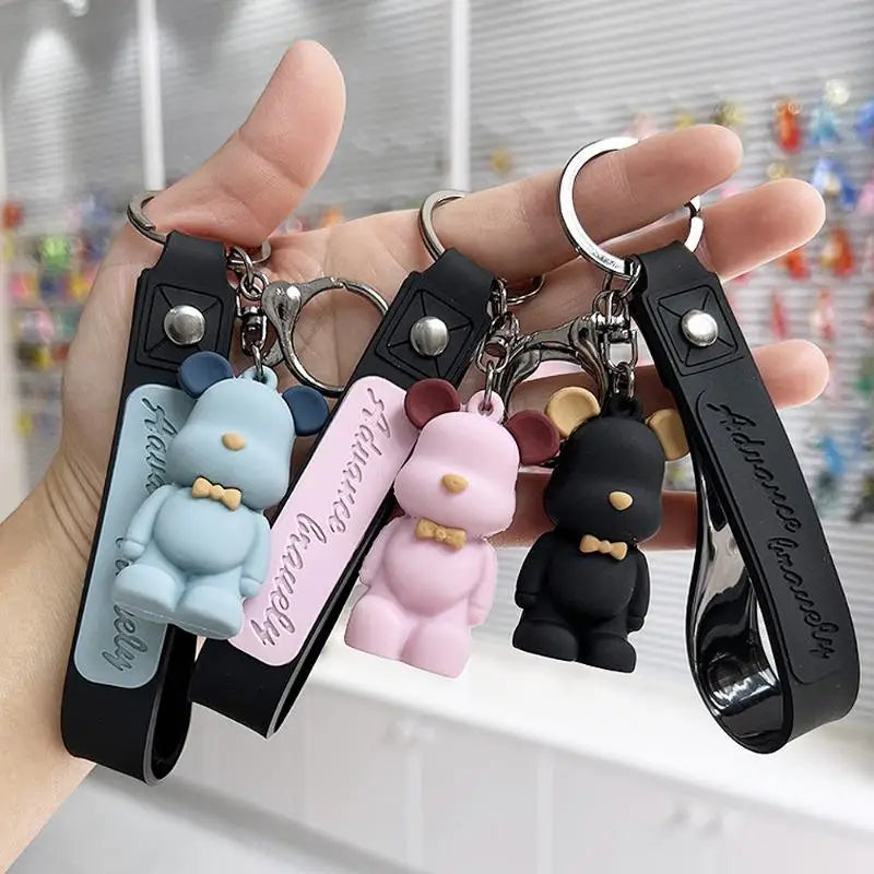 Cute Pvc Tie Bear Keychain Silicone Animal Doll Pendant Keyring With Wristband For Couple Backpack Bag Key Accessories Kid Gifts