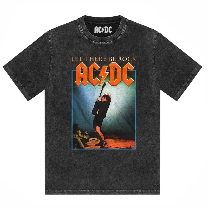 ACDC Band Printed T-Shirt Washed Retro Old Short Sleeve Trendy Couple Comfortable Loose Casual Fashion New Men'S Clothing