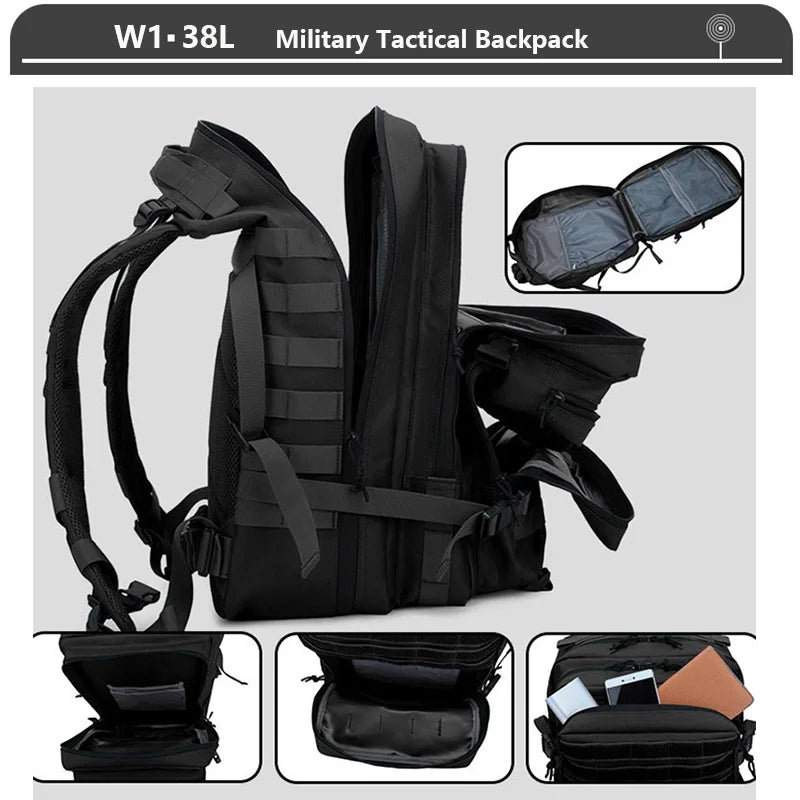 Tactical Backpack 3 Day Assault Pack Molle Bag 38/45L Large Outdoor Waterproof Hiking Camping Travel 600D Rucksack Men Fishing