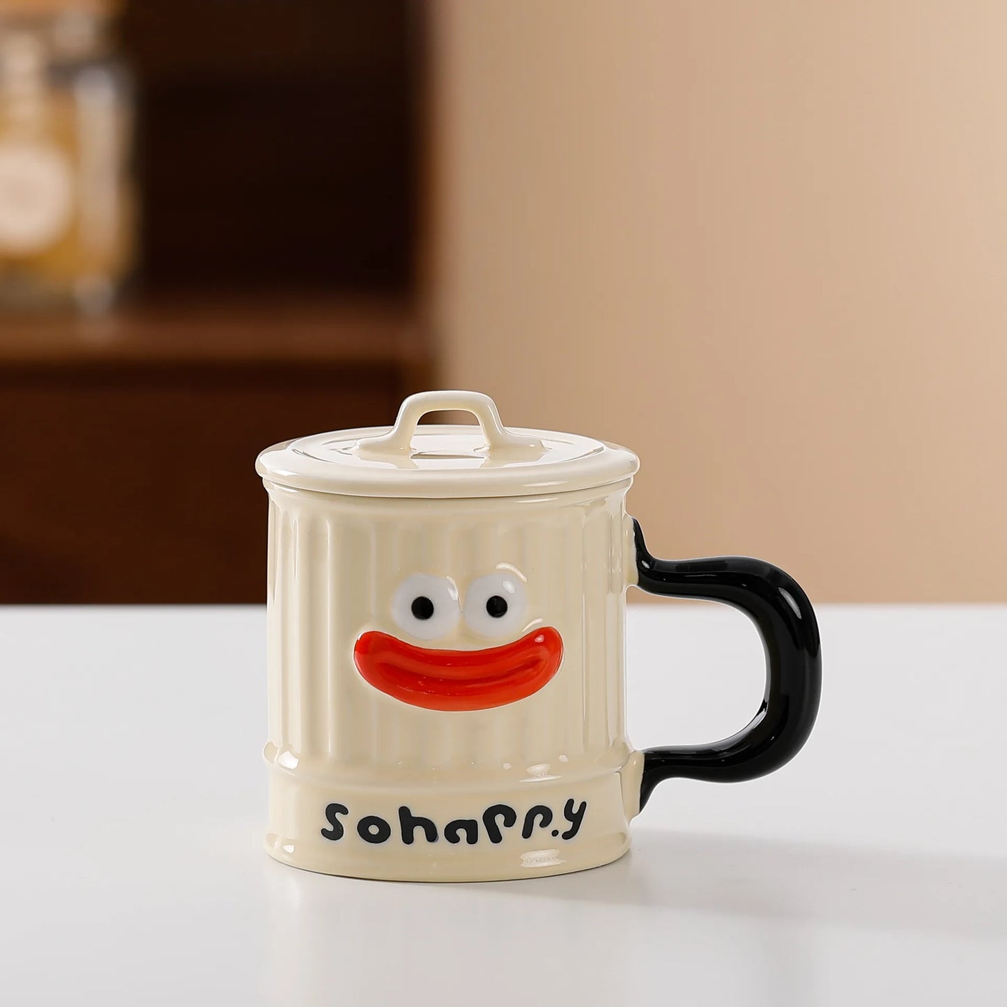 Creative Design, Cute, Funny, Ugly, Cute, Big Mouth Ceramic Mug with Lid, Home Office Drinking Cup, Milk Coffee Cup Ceramic Mug