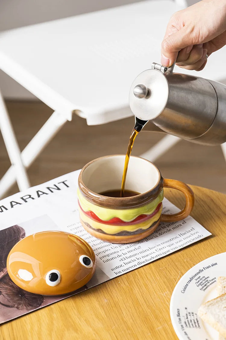 300ML Coffee Mugs Creative Hamburger Shaped Water Cup with Lid Cute and Cute Breakfast Cup Large Capacity Ceramic Hamburger Mug