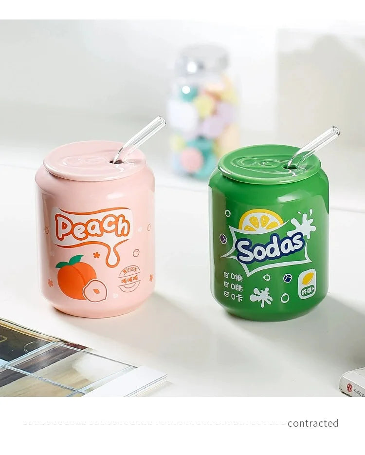 Fresh Creative Fruit Straw Cup Coke Soda Bottle Ceramic Mug with Lid Couple Souvenir Home Drinking Utensil Kitchen Appliance