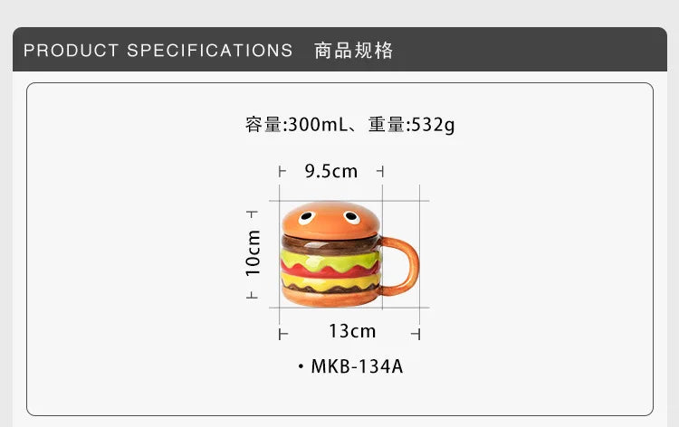 300ML Coffee Mugs Creative Hamburger Shaped Water Cup with Lid Cute and Cute Breakfast Cup Large Capacity Ceramic Hamburger Mug