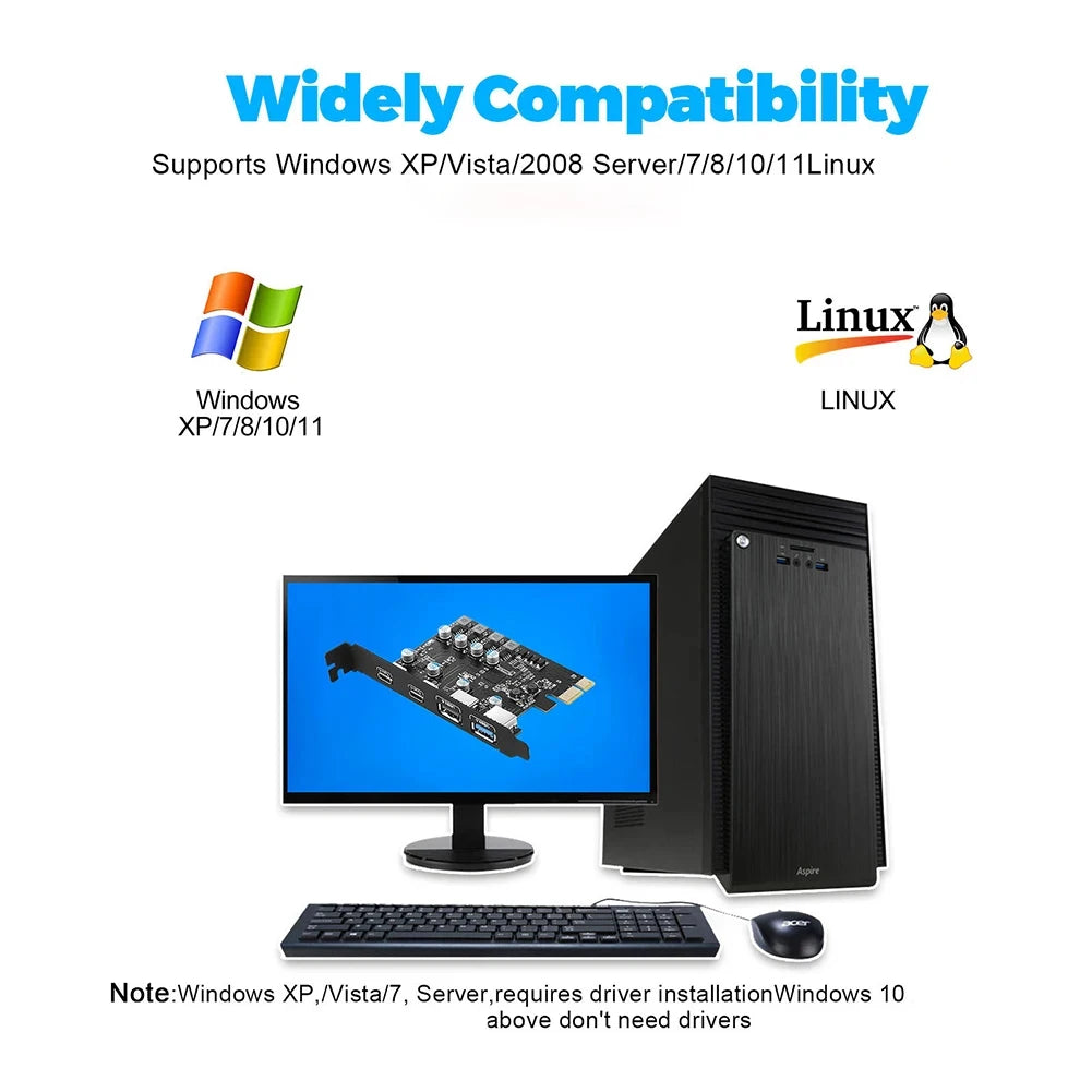 PCI Express Card  2Port USBA/ USBC 5Gbps USB3.2 Gen1 USB3.0 PCIE Card Expansion Add on Card Adapter for Windows/Linux