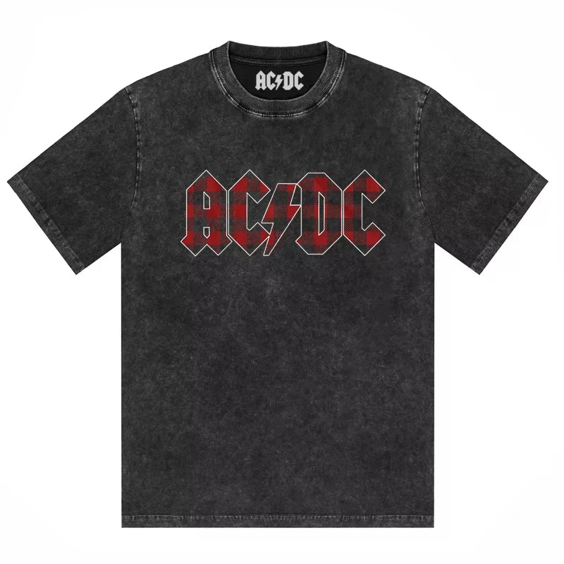 ACDC Band Printed T-shirt Washed Retro Old Short Sleeve Trendy Couple Comfortable Loose Casual Fashion New Men's Clothing