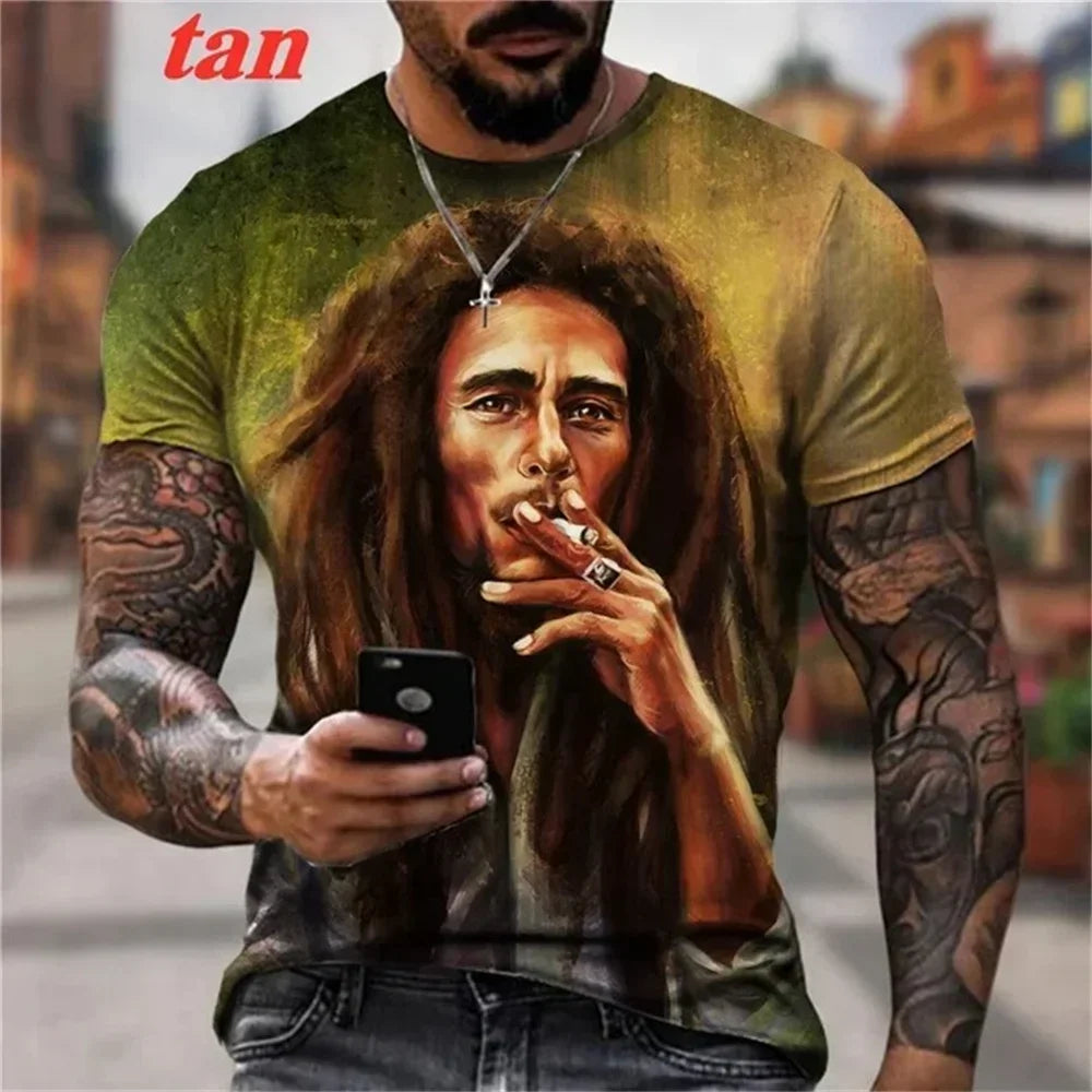 2025 Summer Men's T-shirts Rock Bob Marley 3d Print O-neck Short Sleeve Street Hip-hop Shirt Oversized Tops & Tees Men Clothing