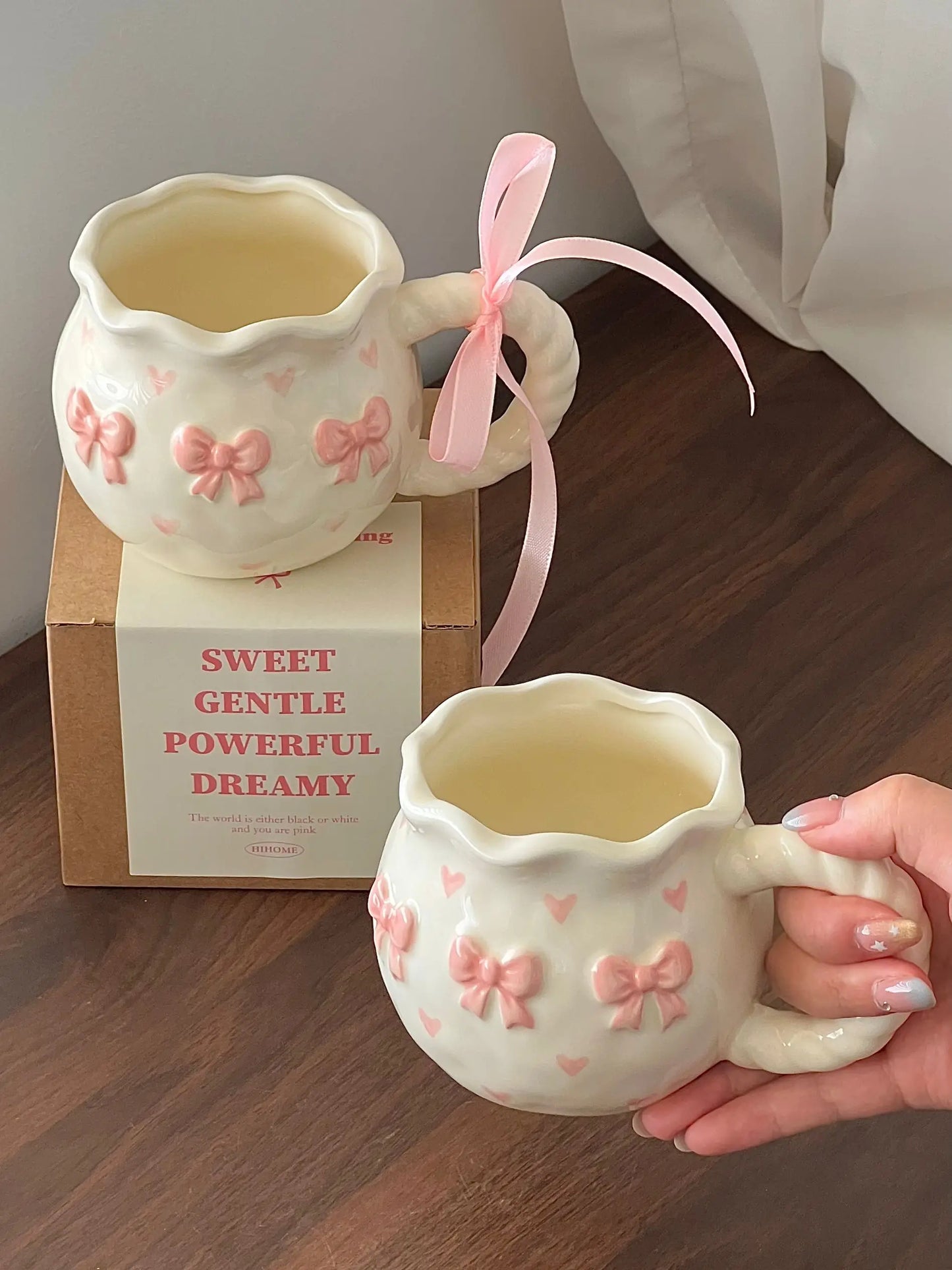 Thickened Cream White Mug Cute Bow Cartoon Ceramic Cup with Handle Milk Cup Coffee Cup Modern Simple Universal Water Cups