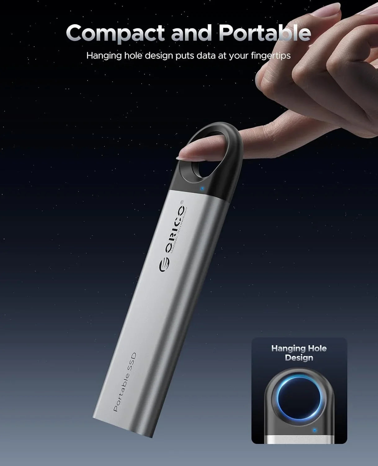 ORICO 1TB External SSD Up to 1050MB/s 550MB/s, Hanging Hole Design Portable Solid State Drive, USB C&A 2 in 1 Cable