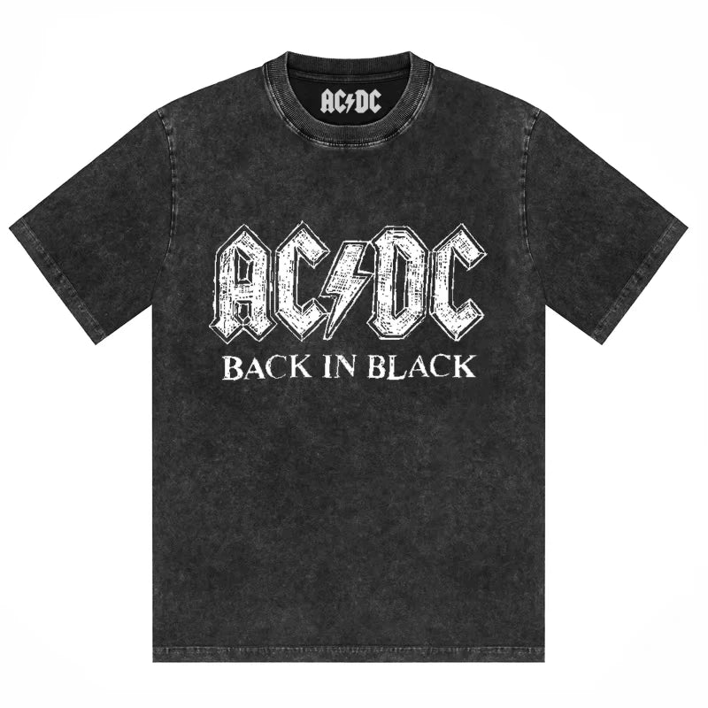 ACDC Band Printed T-shirt Washed Retro Old Short Sleeve Trendy Couple Comfortable Loose Casual Fashion New Men's Clothing