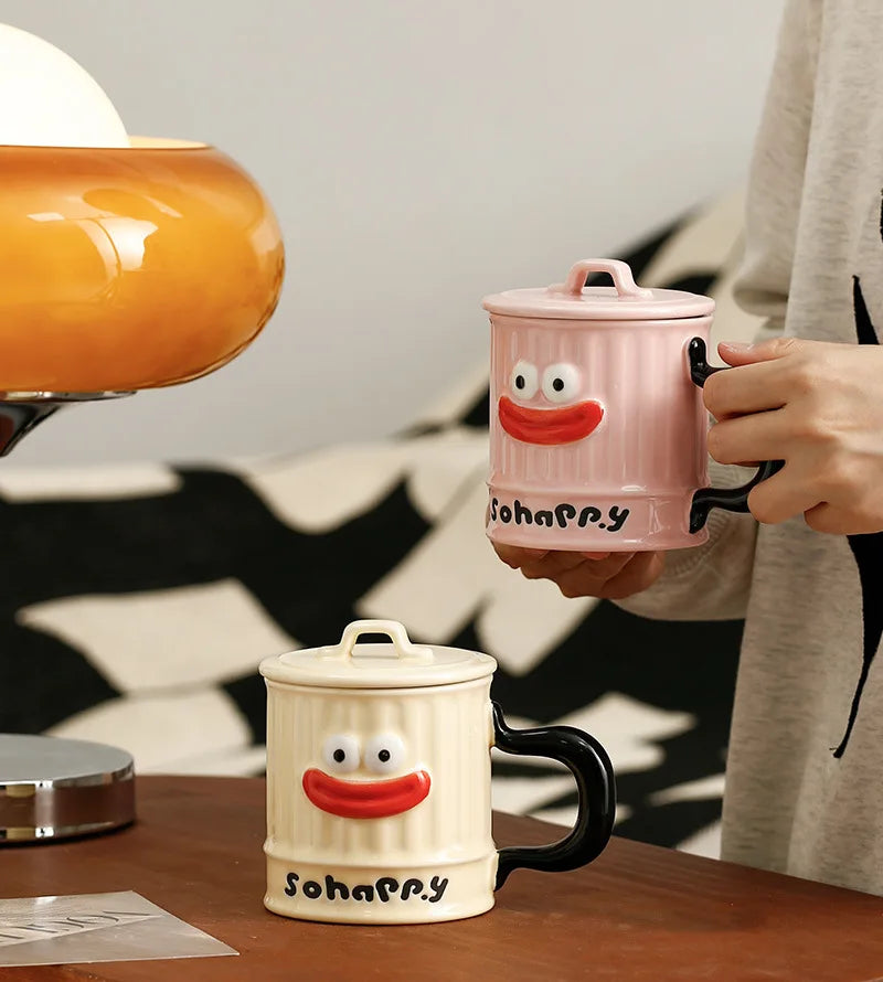 Creative Design, Cute, Funny, Ugly, Cute, Big Mouth Ceramic Mug with Lid, Home Office Drinking Cup, Milk Coffee Cup Ceramic Mug