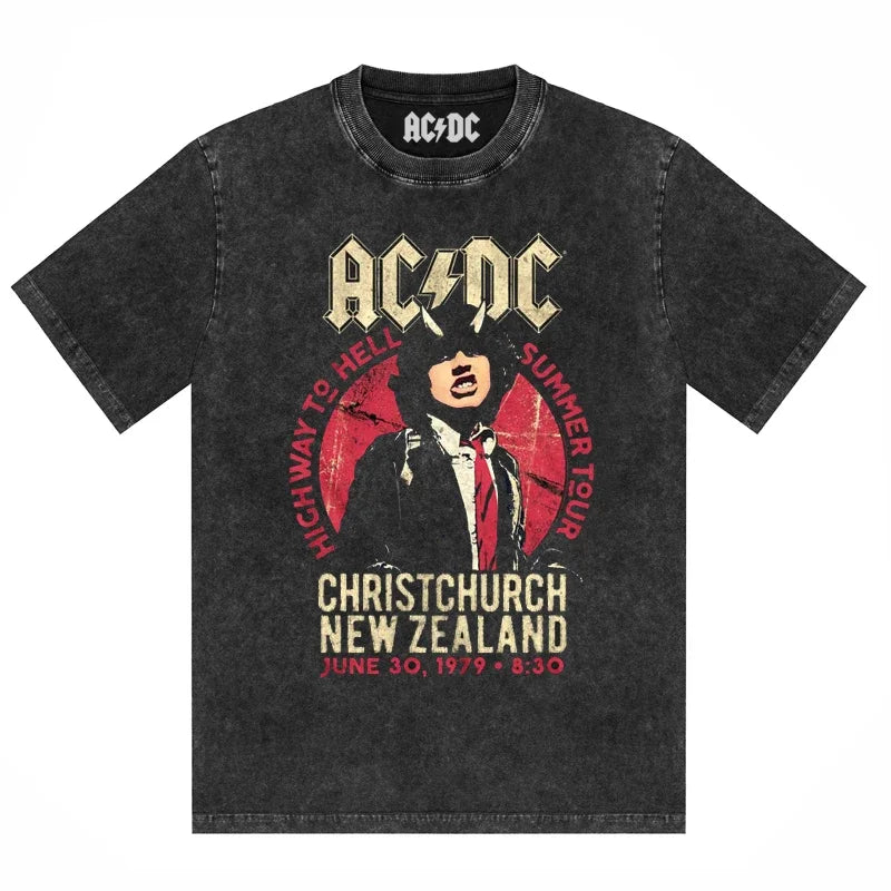 ACDC Band Printed T-Shirt Washed Retro Old Short Sleeve Trendy Couple Comfortable Loose Casual Fashion New Men'S Clothing