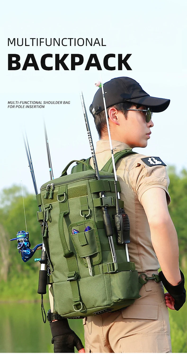 Tactical Fishing Backpack Tackle Bag with Rod Holders Fish Equipment Storage Molle Camping Hiking Outdoor Multifunctional Bag