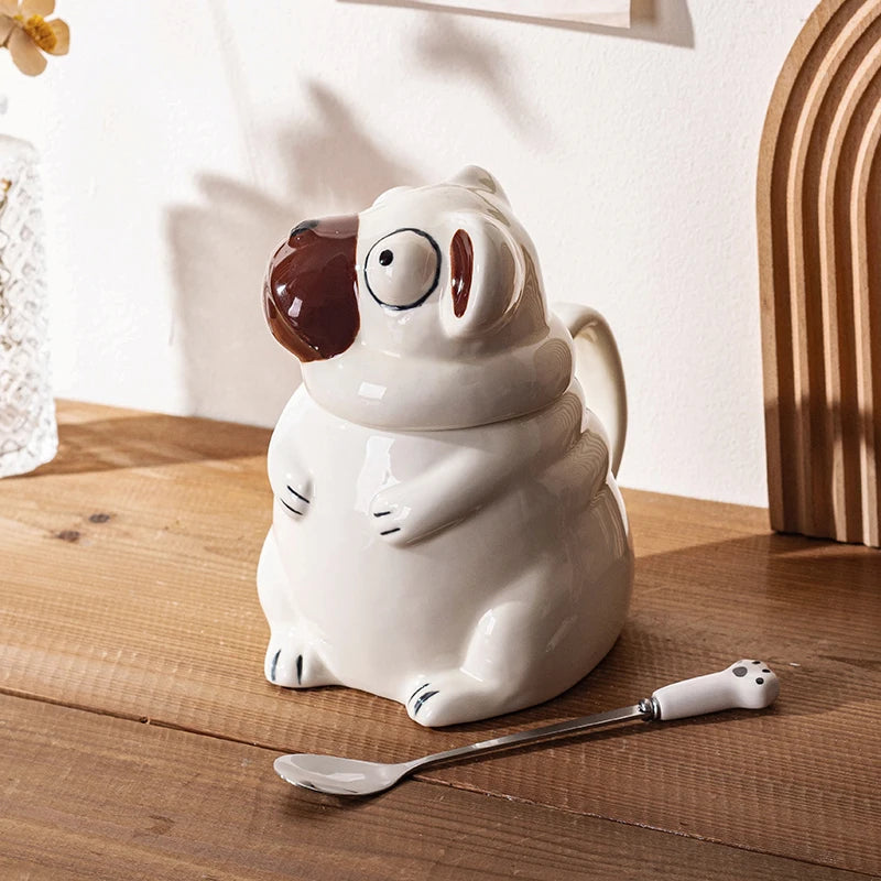 Creative Cartoon Pug Mug Ceramic Large Capacity Cute Water Cup with Lid Spoon Kitchen Drinkware Birthday Gift for Boyfriend