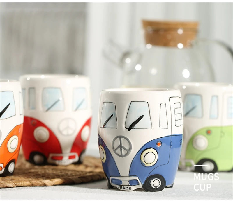 Creative Hand Painting Double Bus Mug Cartoon Ceramic Milk Tea Water Coffee Mugs Home Office School Drinkware Cup Novetly Gifts