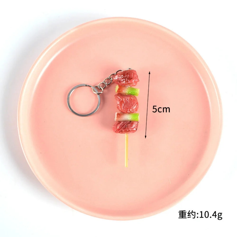 Creative PVC Simulation BBQ Skewers Food Keychain Resin Oden Squid Corn Meatball Keyring Restaurant Opening Gift Fashion Pendant