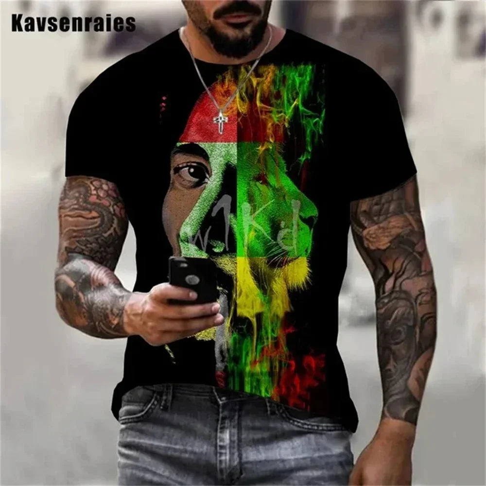 2025 Summer Men's T-shirts Rock Bob Marley 3d Print O-neck Short Sleeve Street Hip-hop Shirt Oversized Tops & Tees Men Clothing