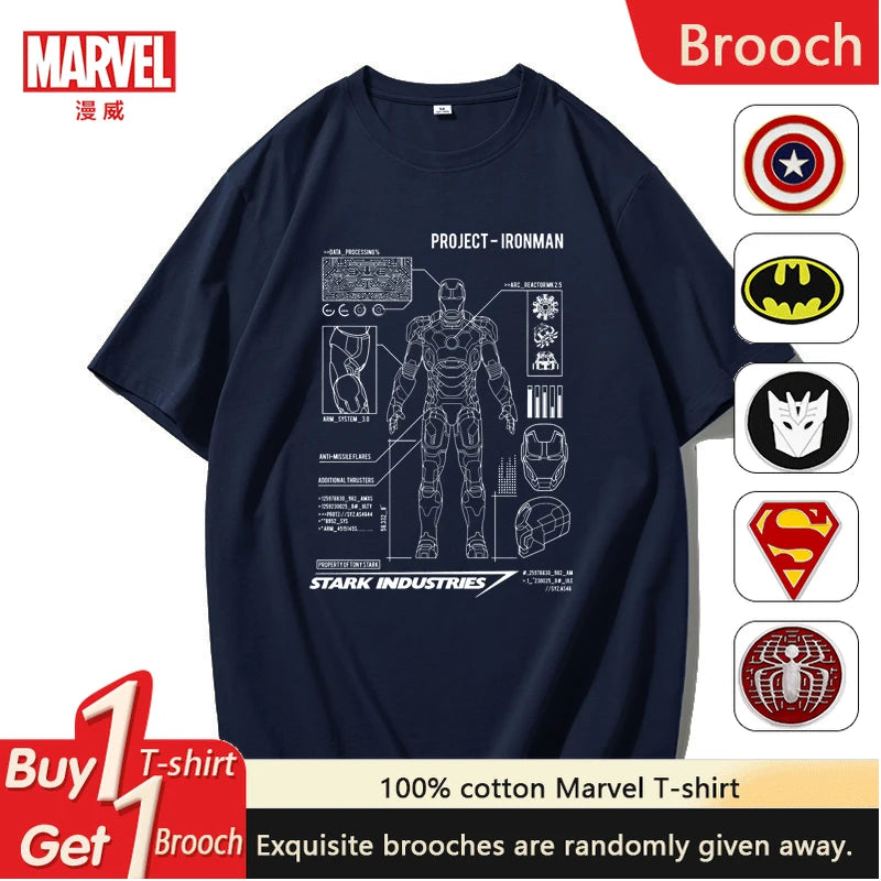 Marvel Hand-painted Iron Man Marvel Avengers Robot Design Sketch Short-sleeved T-shirt Men's Women's Loose Casual Short Sleeves