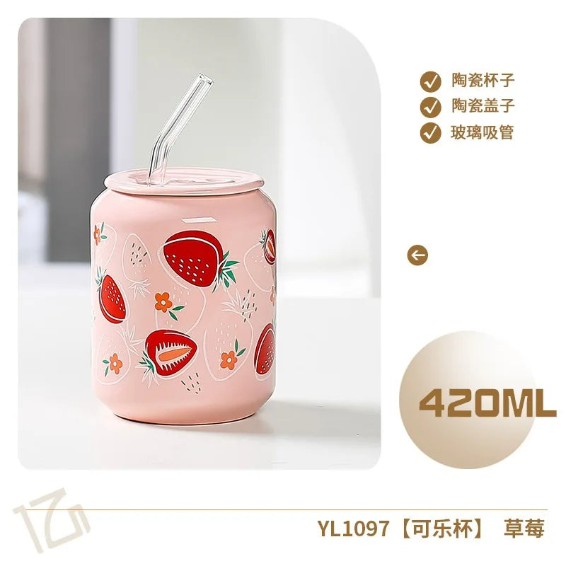 Fresh Creative Fruit Straw Cup Coke Soda Bottle Ceramic Mug with Lid Couple Souvenir Home Drinking Utensil Kitchen Appliance