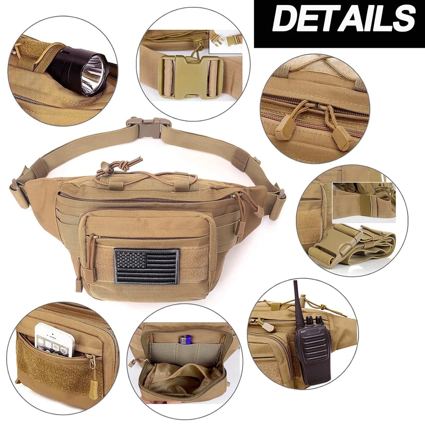 Tactical Fanny Pack,  Waist Bag Hip Belt Bumbag Utility Bags for Outdoor Hiking Climbing Fishing with U.S Patch