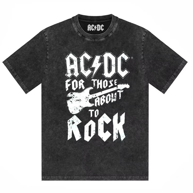 ACDC Band Printed T-shirt Washed Retro Old Short Sleeve Trendy Couple Comfortable Loose Casual Fashion New Men's Clothing