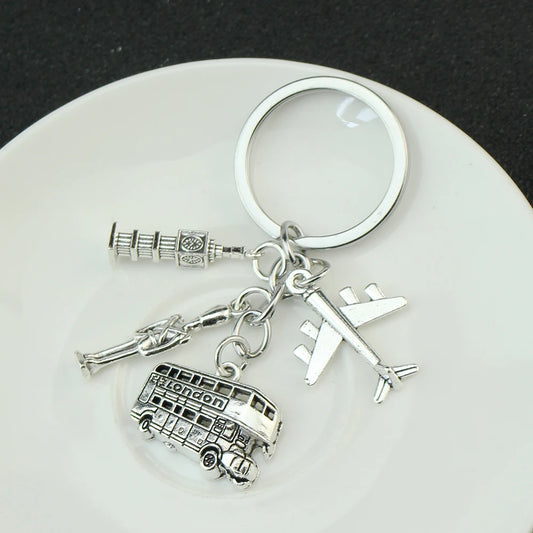 London Keychain Big Ben & Bus Charm Keyring with Camera - Engraved England Travel Souvenir Gift for Backpackers