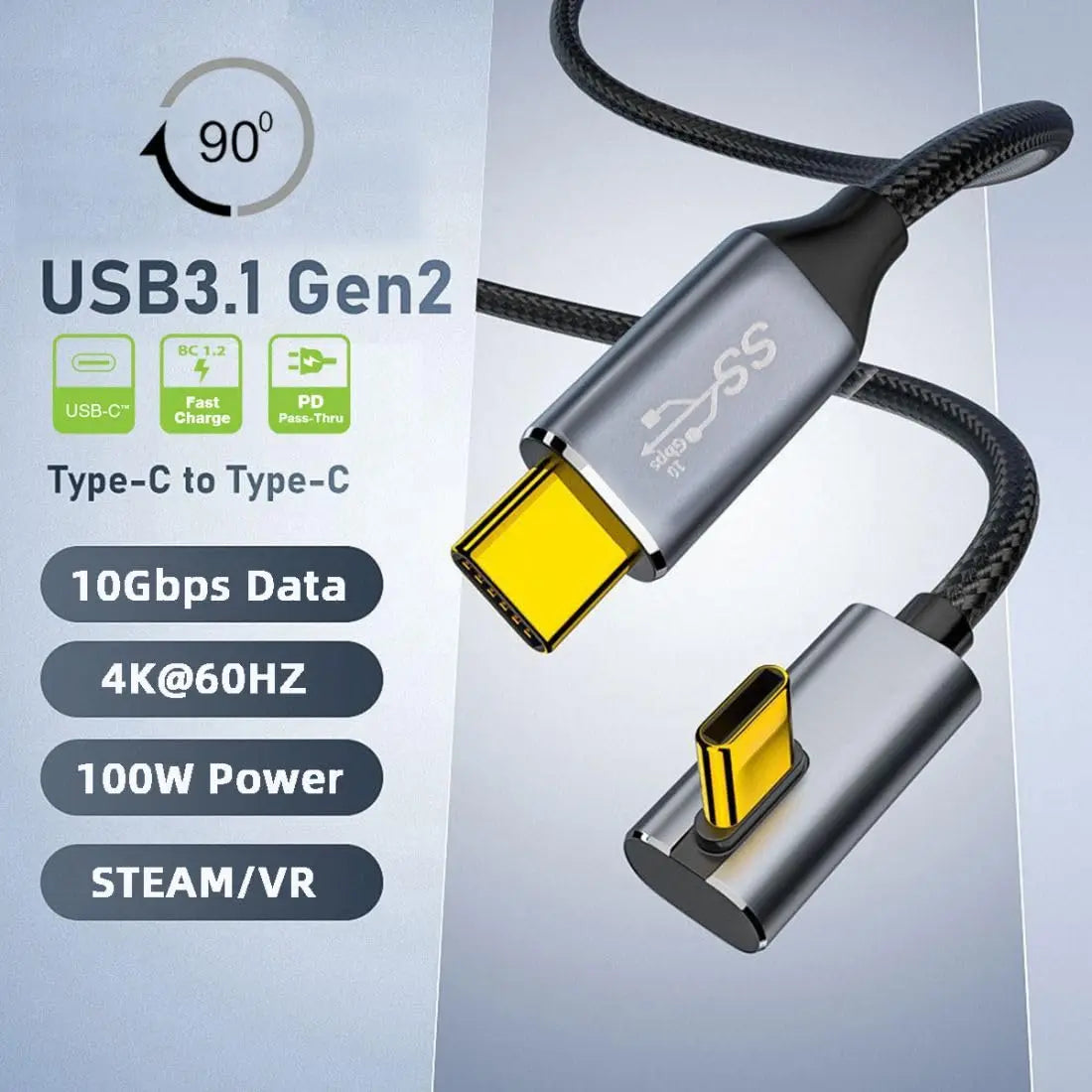 USB C to C Cable USB 3.1 Type C 10Gbps 100W Data Extension Cable 90 Degree Low Profile Angled 1.5M