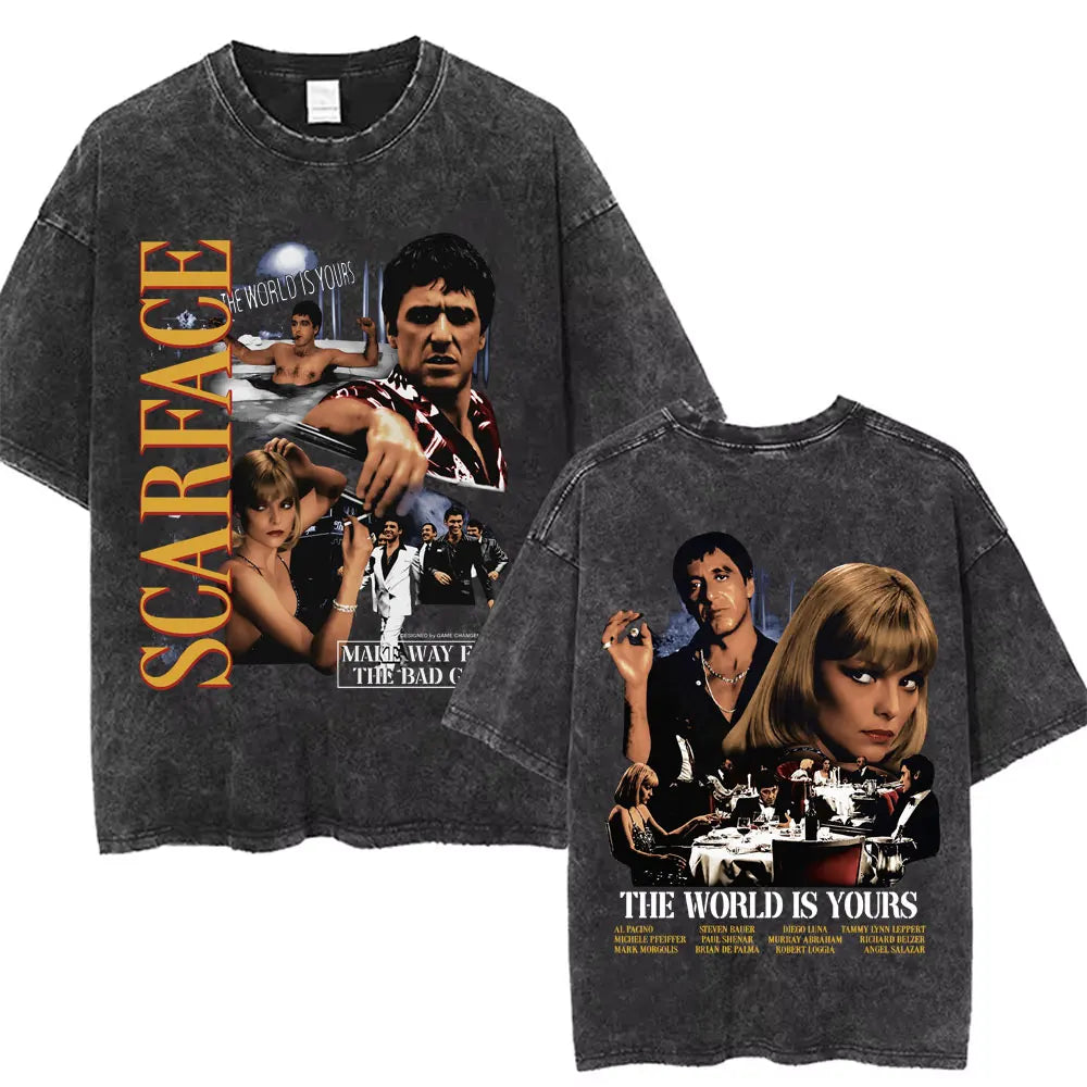 90s Classic Gangsters Movie Scarface Print T-shirts Tony Montana Al Pacino Vintage Washed Cotton Tshirt Men Women Rock T Shirts