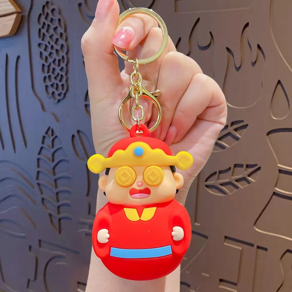 Creative Pinched Toys God of Wealth Keychain Lucky Blessing New Year Key Ring Traditional PVC Cartoon Pendant Kids
