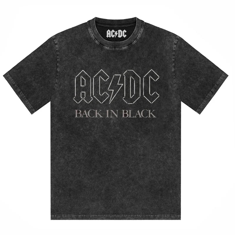 ACDC Band Printed T-Shirt Washed Retro Old Short Sleeve Trendy Couple Comfortable Loose Casual Fashion New Men'S Clothing