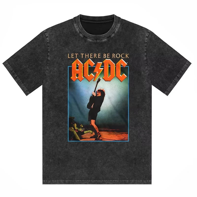 ACDC Band Printed T-shirt Washed Retro Old Short Sleeve Trendy Couple Comfortable Loose Casual Fashion New Men's Clothing