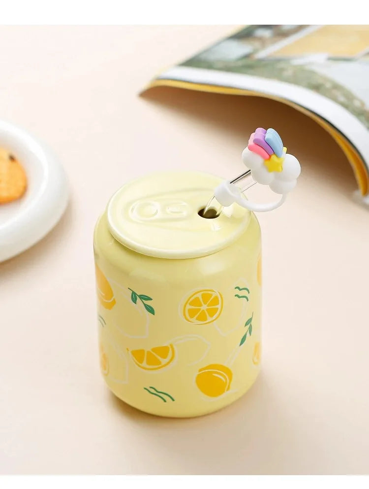 Fresh Creative Fruit Straw Cup Coke Soda Bottle Ceramic Mug with Lid Couple Souvenir Home Drinking Utensil Kitchen Appliance