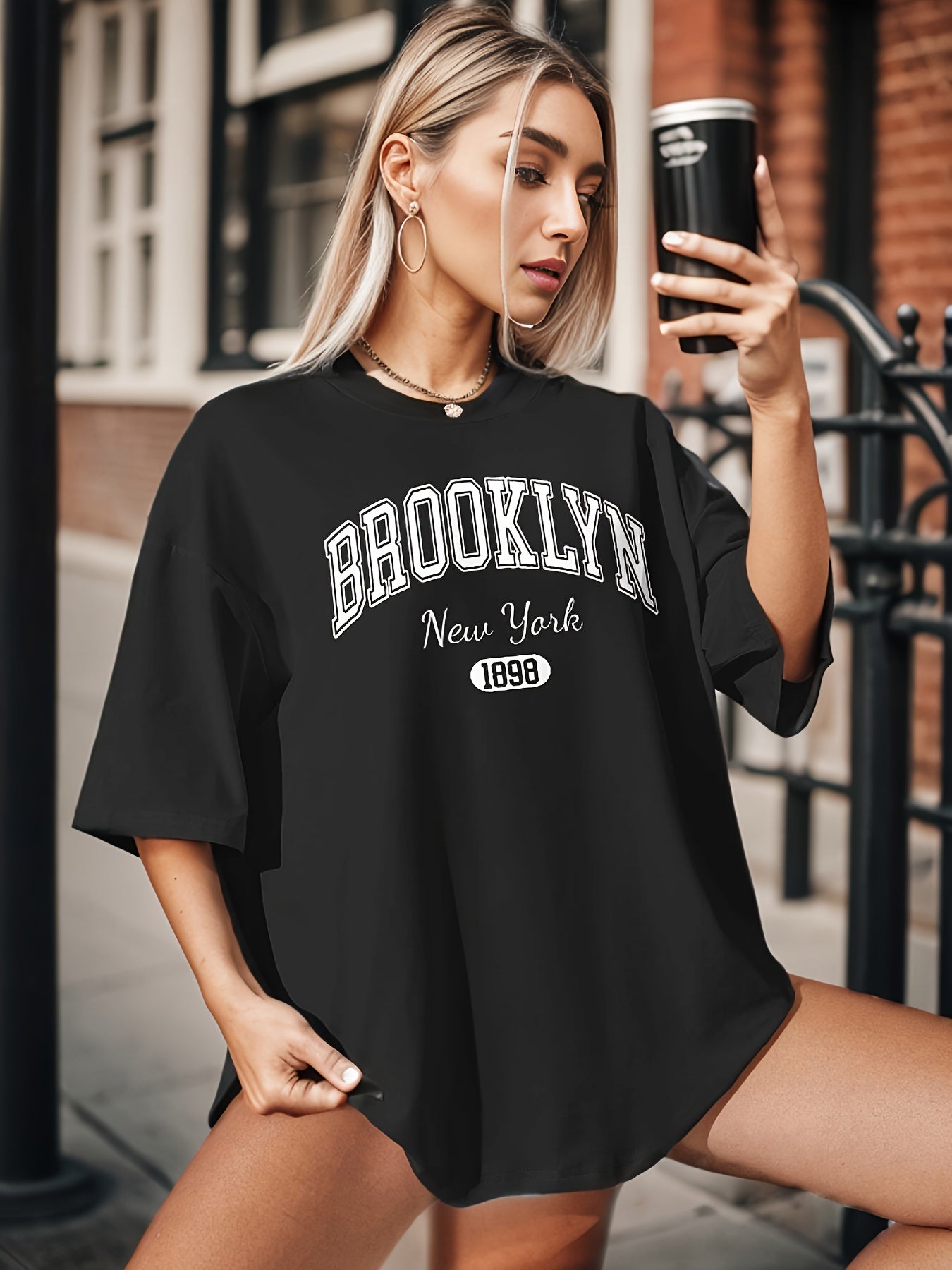 BROOKLYN Print T-shirt, Casual Short Sleeve Crew Neck Top For Spring & Summer, Women's Clothing