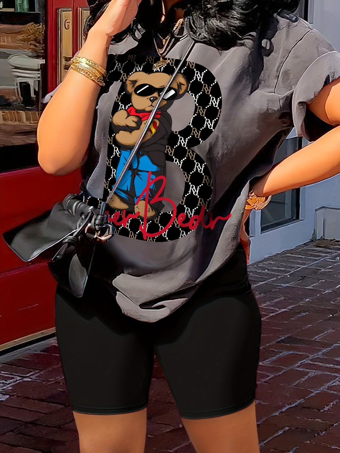 Women's Casual Cartoon Contrast Color 2-Piece Set, Short Sleeve Round Neck T-shirt And Biker Shorts Outfit, Lounge Wear