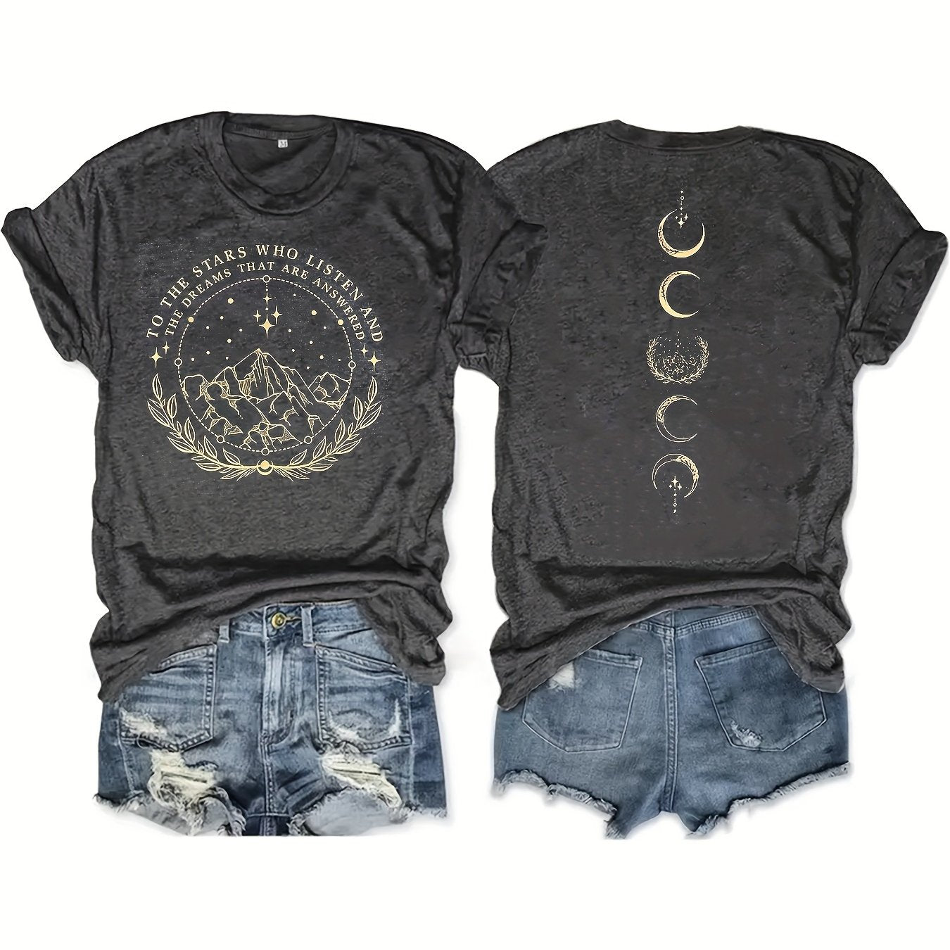 Moon & Mountain Print Crew Neck T-Shirt, Casual Short Sleeve T-Shirt For Spring & Summer, Women's Clothing