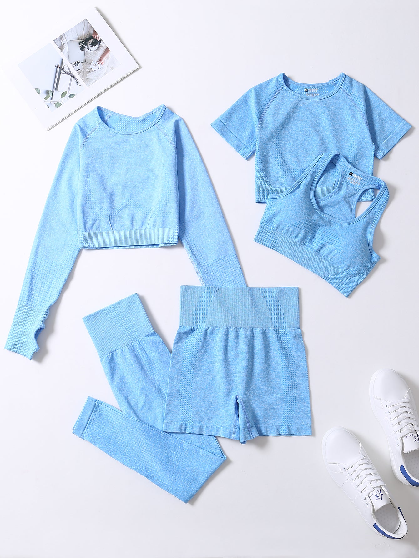 5pcs Seamless Yoga Suits, Racer Back Tank Top & Short Sleeve Cropped Top & Long Sleeve T Shirt & Shorts & Leggings Set, Women's Activewear