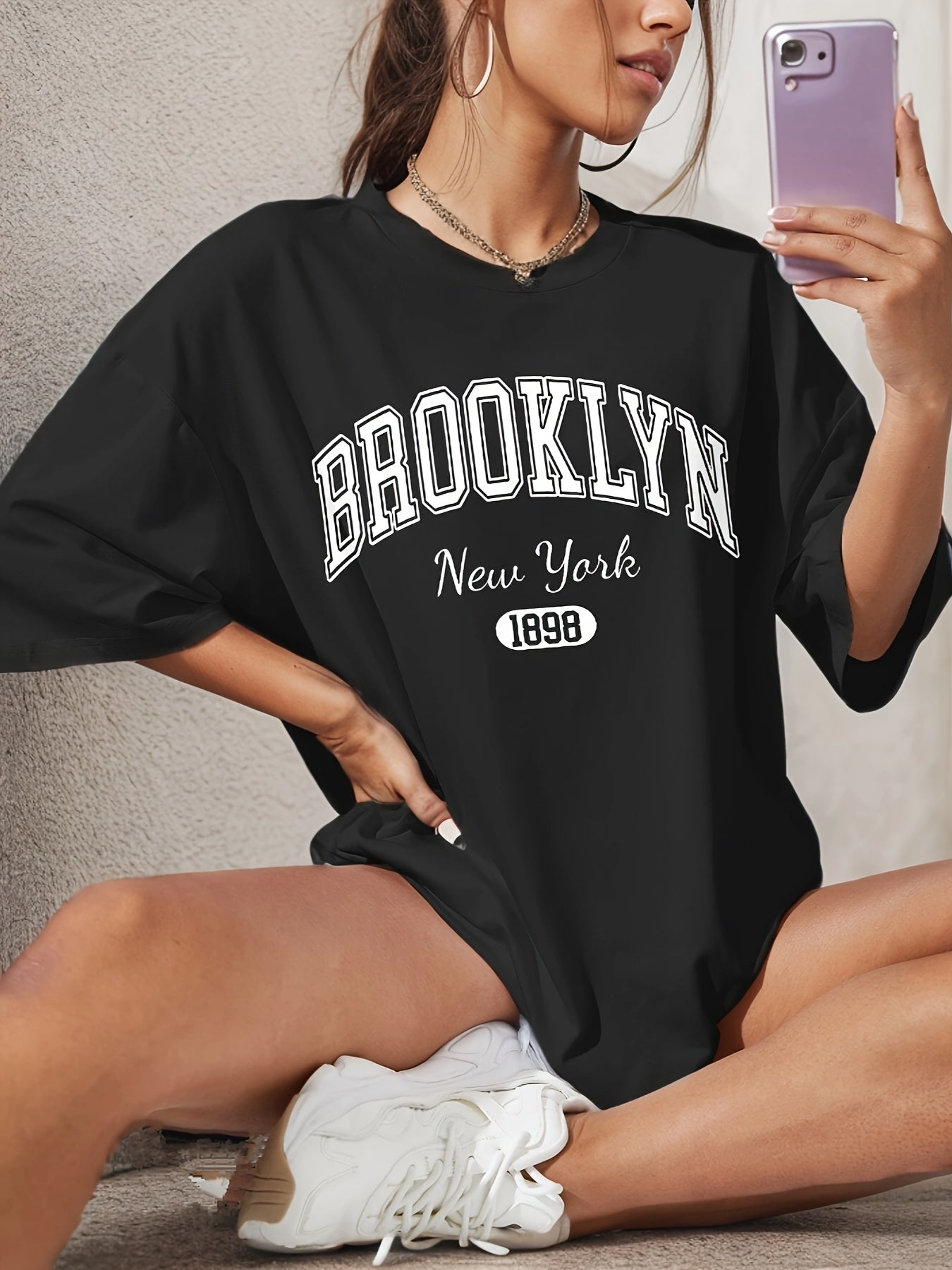 BROOKLYN Print T-shirt, Casual Short Sleeve Crew Neck Top For Spring & Summer, Women's Clothing