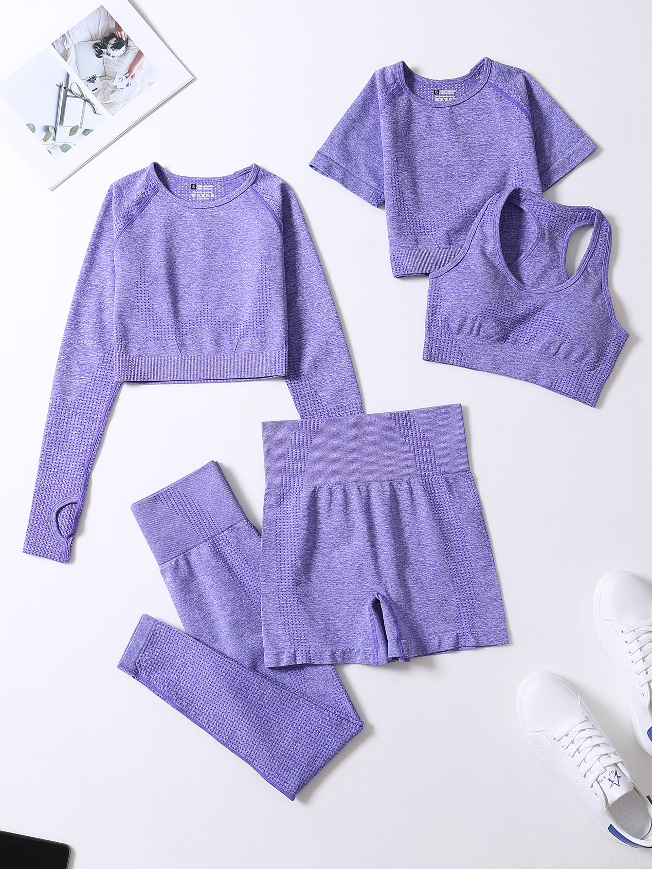 5pcs Seamless Yoga Suits, Racer Back Tank Top & Short Sleeve Cropped Top & Long Sleeve T Shirt & Shorts & Leggings Set, Women's Activewear